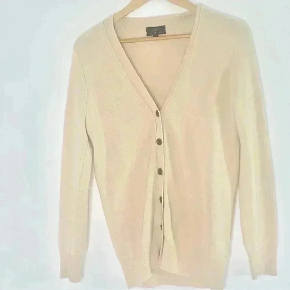 J. Crew E1278  cashmere V-neck Cardigan cream light tan long sleeve sweater xs